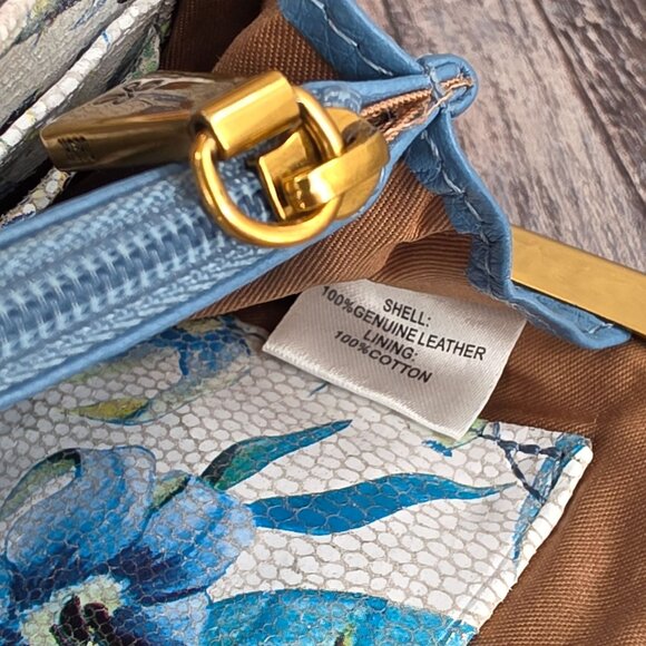 HOBO Cora Large Frame Wallet Clutch Wristlet Dusty Blue Leather Botanical Print - Picture 8 of 14